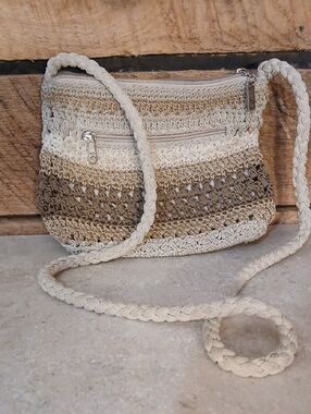 Woven Crochet Crossbody Bag in Beige and Brown